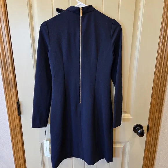 ‼️3/$30‼️Calvin Klein Tie-Neck Scuba Crepe Dress Womens 2 Navy High Neck Zip - Picture 9 of 16
